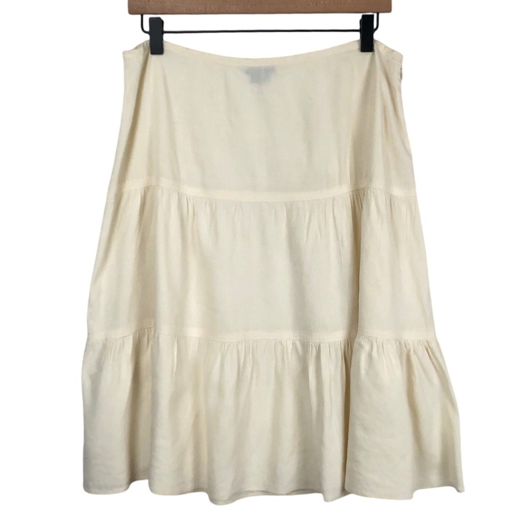 THEORY Linen Blend Tiered Midi Skirt Sz 10 Cream Quiet Luxury Minimalist